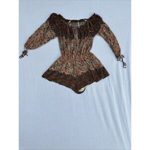 Free People So Divine Romper Smocked Paisley Off The Shoulder 3/4 Sleeve Size M